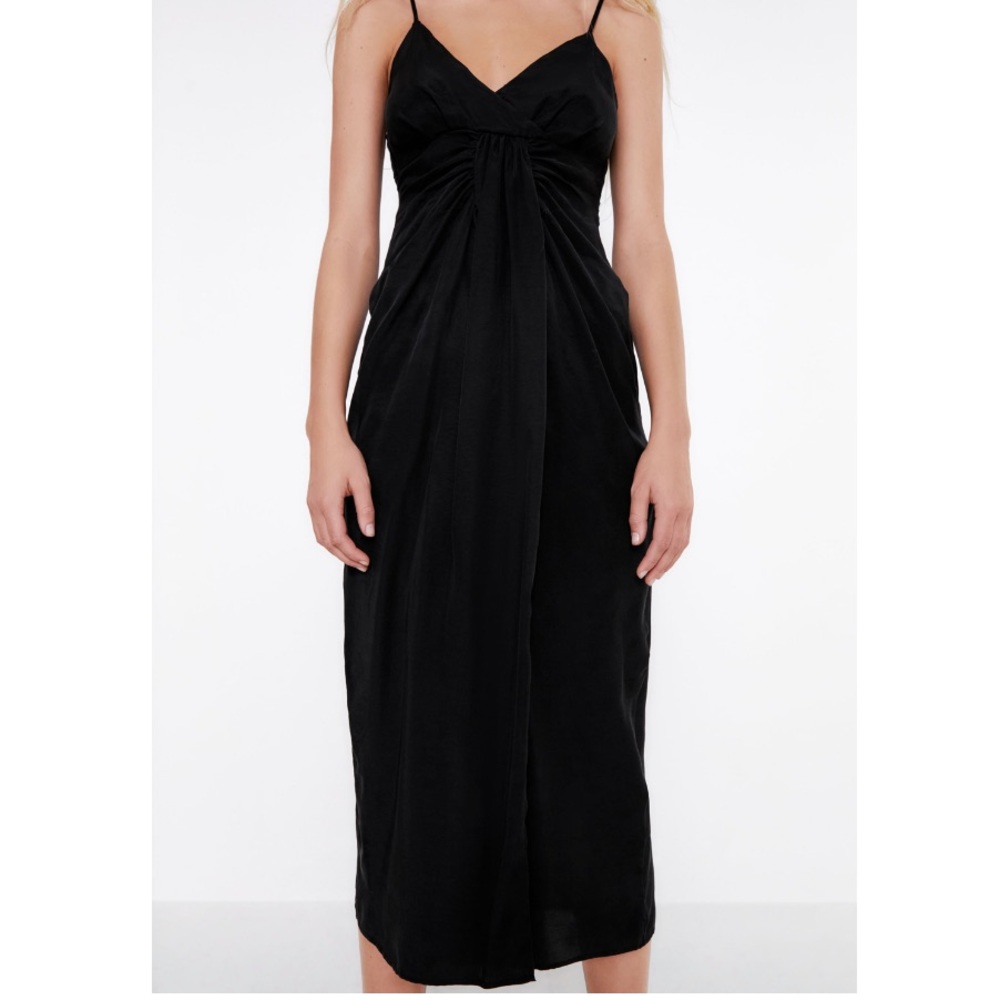 Zara Draped V-Neck Midi Dress With Slit Black Lyocell